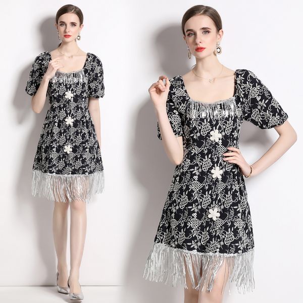 European style Summer Puff sleeve Square neck A-line dress