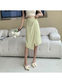Korean style High waist Casual Loose Solid color Long skirt 