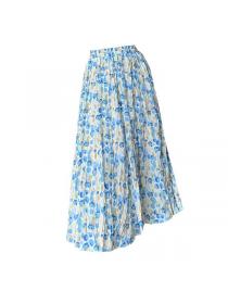 Korean style Summer Loose waist Pleated Long skirt Floral skirt 