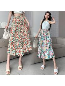 Korean style Summer Fashion Loose waist Pleated Long skirt Floral skirt 