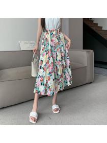Korean style Summer Fashion Loose waist Pleated Long skirt Floral skirt 