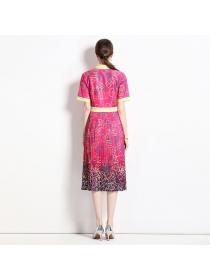 European style Printed Matching Short sleeve Pleated dress