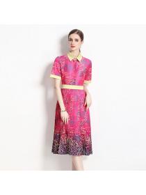 European style Printed Matching Short sleeve Pleated dress