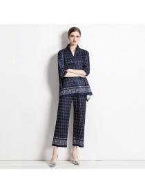 European style Printed Fashion Loose Blouse+Wide leg pants 2 pcs set