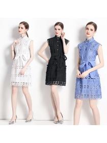 European style Hollowed out lace A-line dress Summer stand-up collar slim dress