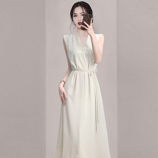 Korean style Summer Apricot V neck Sleeveless Dress
