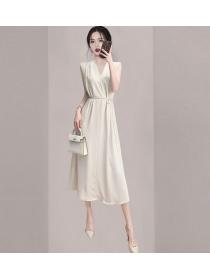 Korean style Summer Apricot V neck Sleeveless Dress 