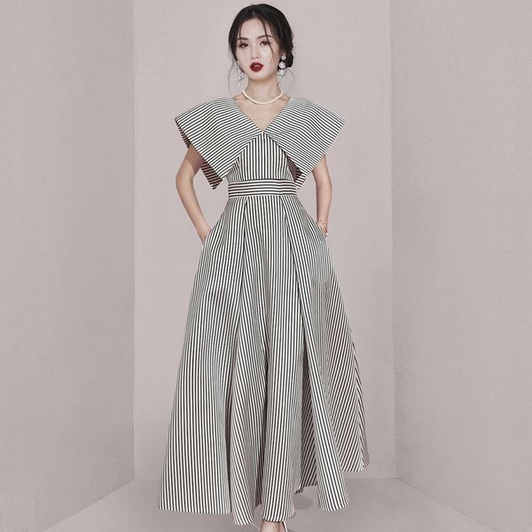 Korean style Elegant Stripe Large swing dress