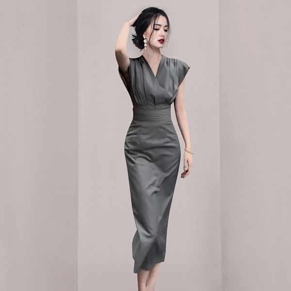 Korean style Summer Simple V collar Elegant dress
