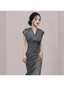 Korean style Summer Simple V collar Elegant dress 