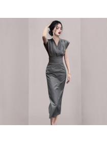 Korean style Summer Simple V collar Elegant dress 
