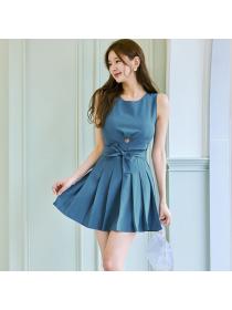 Korean style Summer Solid color Pleated dress 