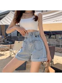 Korean style Summer Loose A-line Wide leg Denim shorts 
