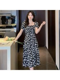 Korean style Summer Sexy Square neck Floral dress 