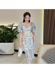 Korean style Summer Elegant Puff sleeve Floral dress 