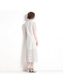 European style High waist V neck Short sleeve White Long dress 
