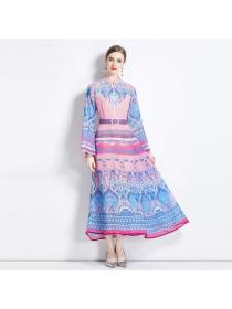 European style Retro Fashion Printed dress with flared sleeves
