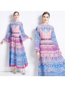 European style Retro Fashion Printed dress with flared sleeves