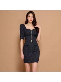 Korean styleSlim Top+Hip-full Stripe skirt 