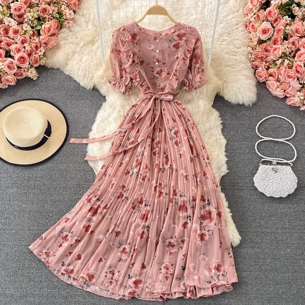 Fashion style V neck Holiday Floral Pleated dress