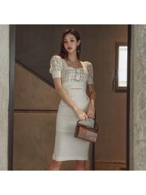 Korean style Summer Elegant Fashion Short sleeve Plaid dress 