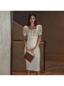 Korean style Summer Elegant Fashion Short sleeve Plaid dress 