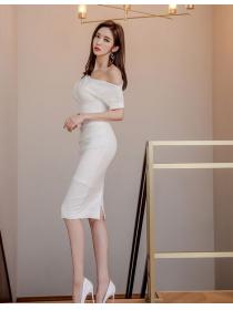 Korean style Sexy Single shoulder Solid color dress 