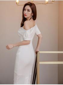 Korean style Sexy Single shoulder Solid color dress 