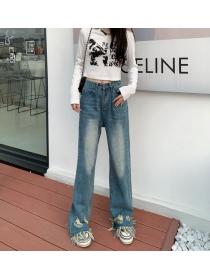 Korean style Retro Fashion High waist Wide leg jeans 
