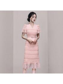 Summer Korean style V collar Short sleeve High waist dress