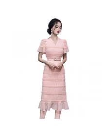 Summer Korean style V collar Short sleeve High waist dress