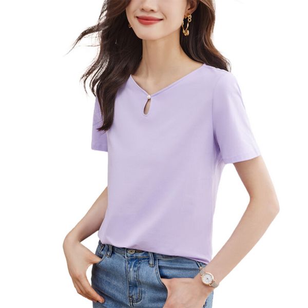 Korean style Summer Loose V collar Solid color T-shirt