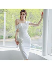 Korean style Oblique collar Slit dress 