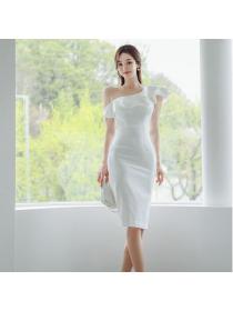 Korean style Oblique collar Slit dress 