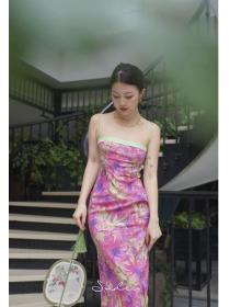 Korean style High wasit Silk Floral dress 