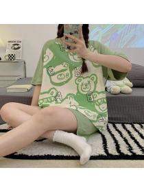 Korean style Summer Casual Loose Cartoon Printed Pajamas 2 pcs set