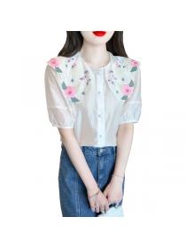 Korean style Puff sleeve Chic Embroidery Chiffon shirt 