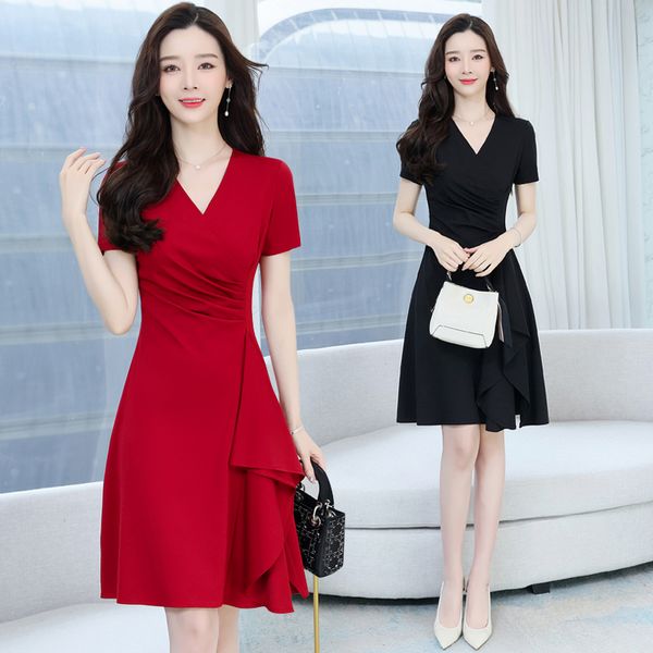 Korean style Summer fashion V collar Elegant Short sleeve dress