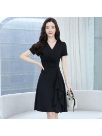 Korean style Summer fashion V collar Elegant Short sleeve dress 