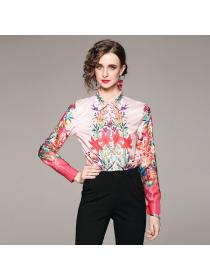 European style Matching Loose Polo collar Printed Blouse for women