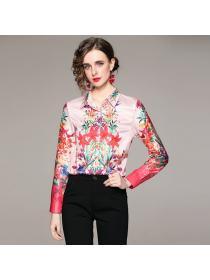 European style Matching Loose Polo collar Printed Blouse for women