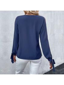 European style Summer Long sleeve Solid color Blouse 
