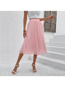 European style Summer Solid color Chiffon Pleated Long skirt 
