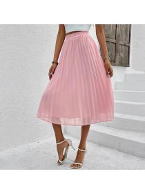 European style Summer Solid color Chiffon Pleated Long skirt 