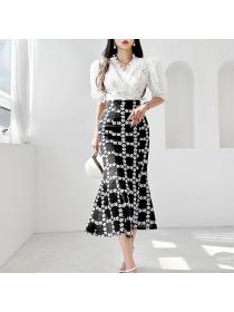 Korean style Summer fashion V collar Hip-full Short sleeve 2 pcs set