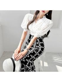 Korean style Summer fashion V collar Hip-full Short sleeve 2 pcs set