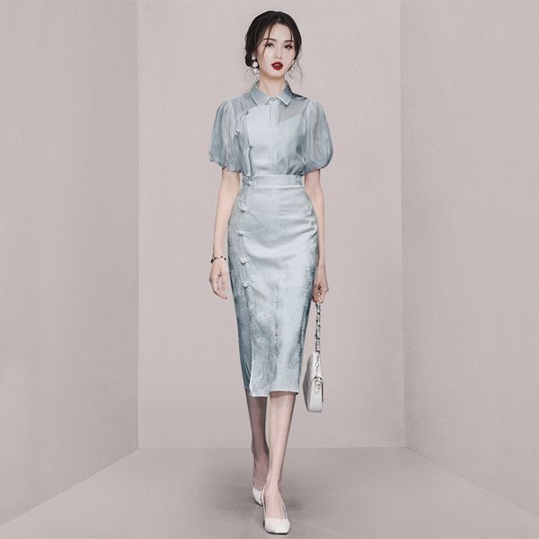 Korean style Summer Puff sleeve Lantern sleeve blouse High waist skirt 2 pcs set