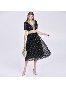 European style Lace Embroidery V neck Short sleeve dress 