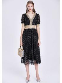 European style Lace Embroidery V neck Short sleeve dress 