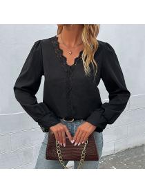 European style Fashion V neck Lace Long sleeve blouse 
